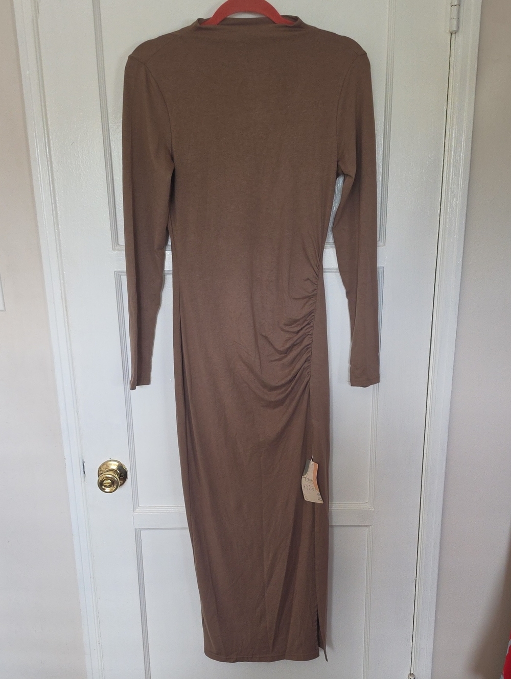 Sleek Long Sleeve Brown Ruched Maxi Dress